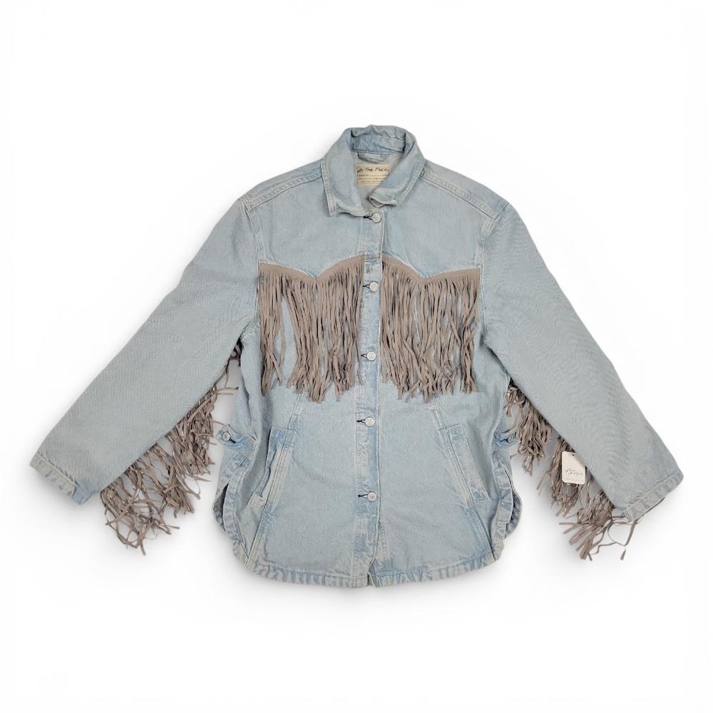 NEW We The Free People Fringe Out Tassle Denim Jean Jacket Shacket, Large - Picture 3 of 4